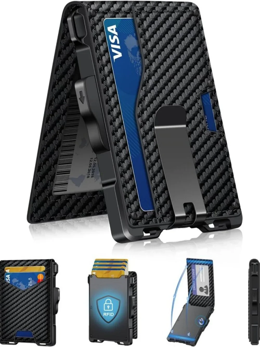 Minimalist Slim Wallet for Men, RFID Blocking Card Holder with Money Clip & ID